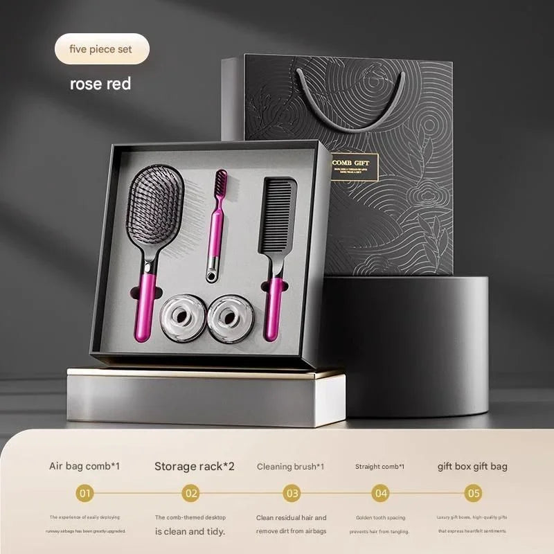 Rose Red 5-Piece Gift Box Set Premium ABS Hair Care Gift Set with Cushion Paddle Brush, Detangling Comb, Cleaning Brush & Stand - Elegant Mother’s Day or Couple’s Gift for Daily Styling and Scalp Comfort