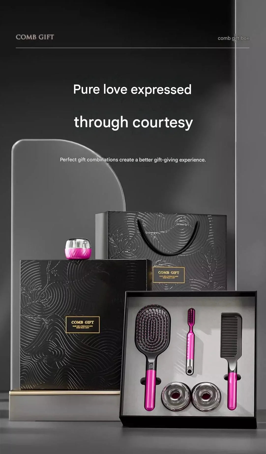 Rose Red 5-Piece Gift Box Set Premium ABS Hair Care Gift Set with Cushion Paddle Brush, Detangling Comb, Cleaning Brush & Stand - Elegant Mother’s Day or Couple’s Gift for Daily Styling and Scalp Comfort