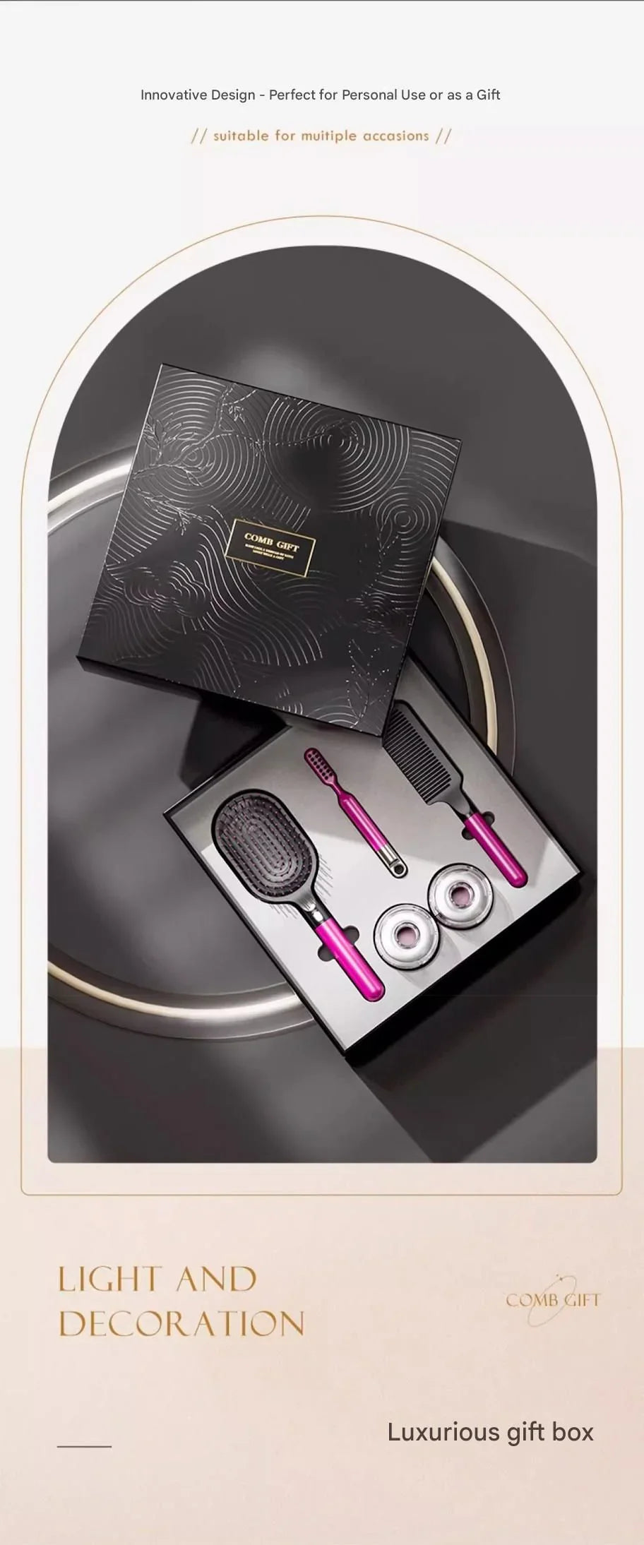 Rose Red 5-Piece Gift Box Set Premium ABS Hair Care Gift Set with Cushion Paddle Brush, Detangling Comb, Cleaning Brush & Stand - Elegant Mother’s Day or Couple’s Gift for Daily Styling and Scalp Comfort