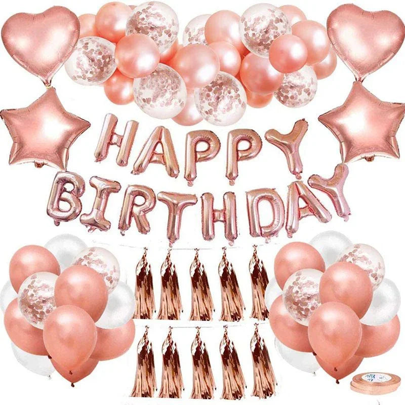 Rose Gold Happy Birthday Balloon Decoration Kit - Foil Letter Balloons, Confetti Latex Balloons, Tassel Garland, Heart & Star Shapes - Complete Party Backdrop Set for Women, Girls, Bridal Shower, Photo Booth - Easy Setup Party Supplies
