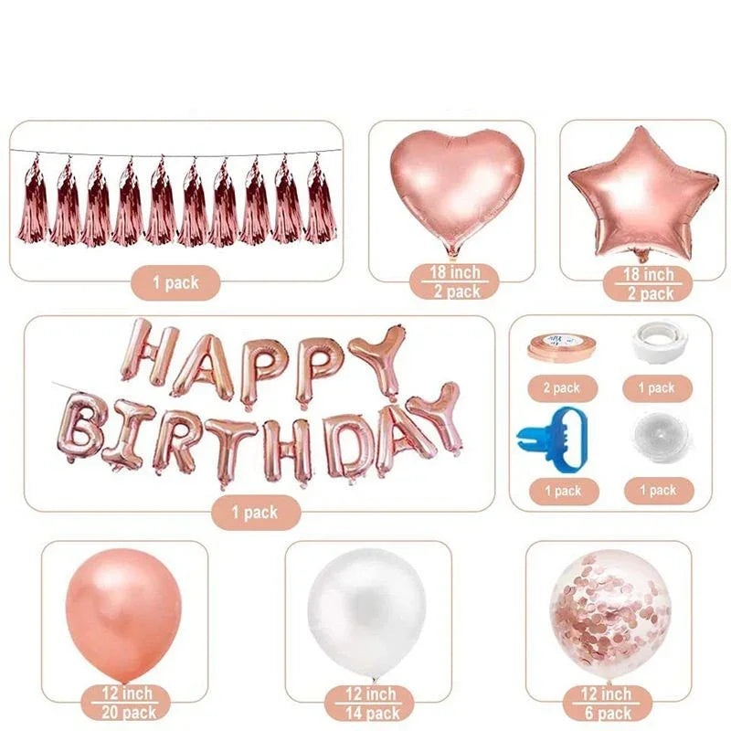 Rose Gold Happy Birthday Balloon Decoration Kit - Foil Letter Balloons, Confetti Latex Balloons, Tassel Garland, Heart & Star Shapes - Complete Party Backdrop Set for Women, Girls, Bridal Shower, Photo Booth - Easy Setup Party Supplies