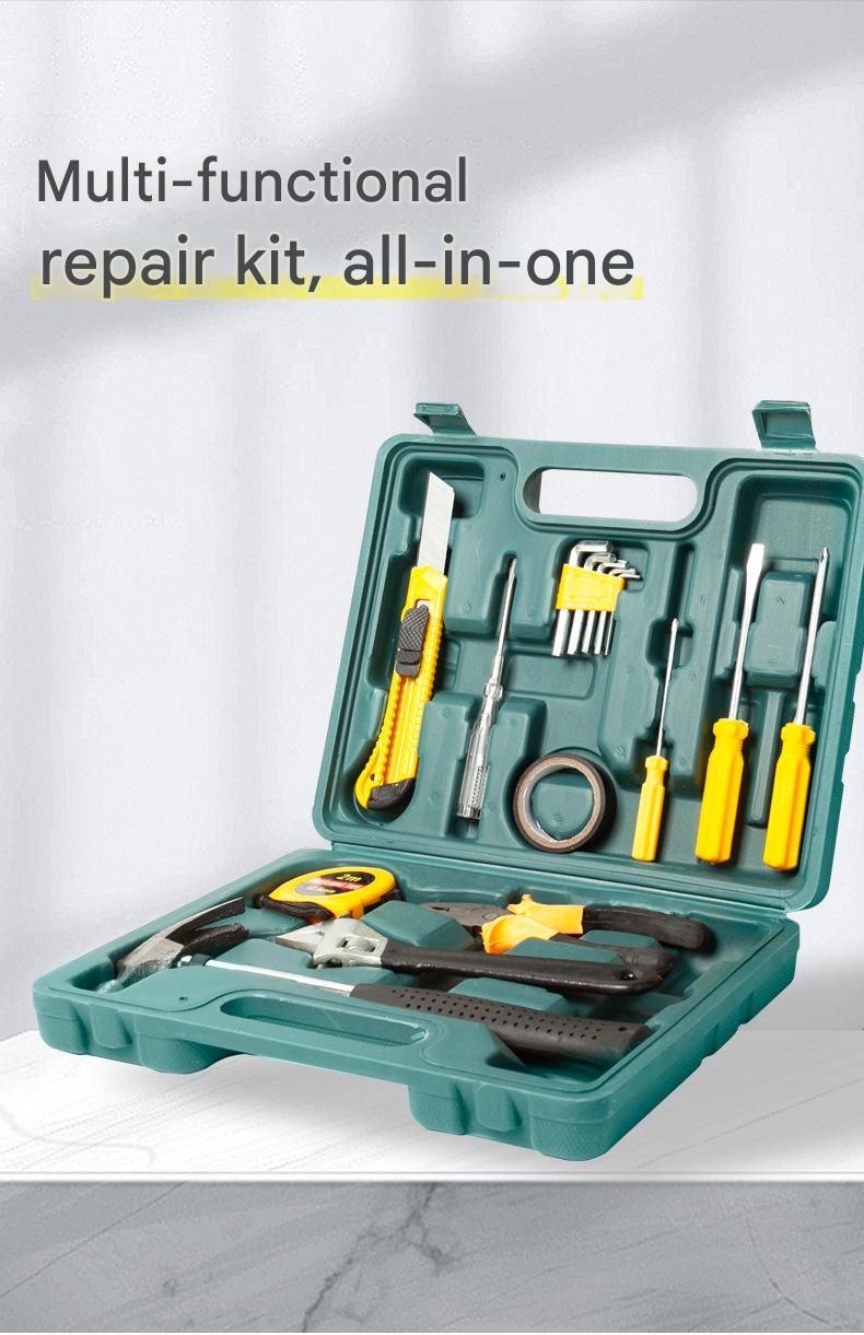 Green 8 Piece Set -Multi-Purpose Home & Car Tool Kit -  Durable Blow-Molded Case, Utility Knife, Tape Measure, Pliers, Hammer, Screwdrivers, Allen Keys - Compact Emergency Repair Set for DIY and Auto Maintenance