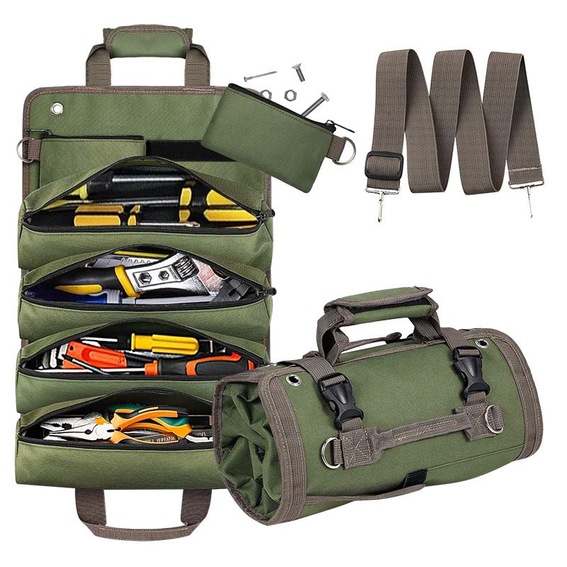 Green Multi-Purpose 600D Oxford Cloth Roll-Up Tool Organizer Bag – Heavy-Duty Waterproof & Anti-Scratch Organizer for Electricians, Mechanics & Automotive Use-Duty Oxford Fabric - Multi-Pocket Storage for Electricians, Mechanics & DIY Enthusiasts