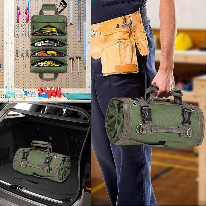 Green Multi-Purpose 600D Oxford Cloth Roll-Up Tool Organizer Bag – Heavy-Duty Waterproof & Anti-Scratch Organizer for Electricians, Mechanics & Automotive Use-Duty Oxford Fabric - Multi-Pocket Storage for Electricians, Mechanics & DIY Enthusiasts