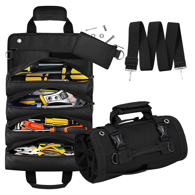 Black Multi-Purpose 600D Oxford Cloth Roll-Up Tool Organizer Bag – Heavy-Duty Waterproof & Anti-Scratch Organizer for Electricians, Mechanics & Automotive Use-Duty Oxford Fabric - Multi-Pocket Storage for Electricians, Mechanics & DIY Enthusiasts