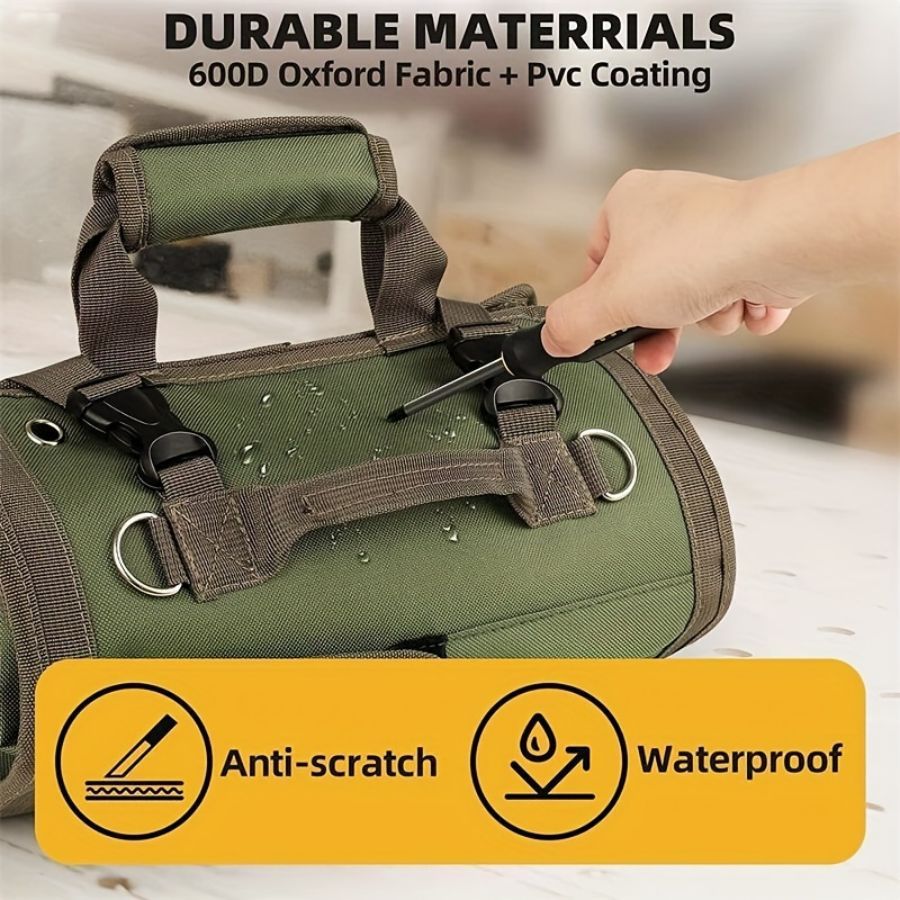 Black Multi-Purpose 600D Oxford Cloth Roll-Up Tool Organizer Bag – Heavy-Duty Waterproof & Anti-Scratch Organizer for Electricians, Mechanics & Automotive Use-Duty Oxford Fabric - Multi-Pocket Storage for Electricians, Mechanics & DIY Enthusiasts