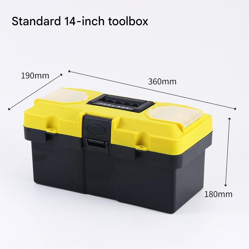 14-inch Yellow and Black Heavy Duty Plastic Toolbox - PP Material with ABS Latches - Lockable, Large Capacity, Double Layer, Organized Storage, for Home Repair, Automotive, Construction, Outdoor Use
