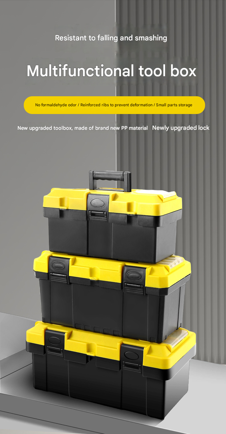 14-inch Yellow and Black Heavy Duty Plastic Toolbox - PP Material with ABS Latches - Lockable, Large Capacity, Double Layer, Organized Storage, for Home Repair, Automotive, Construction, Outdoor Use
