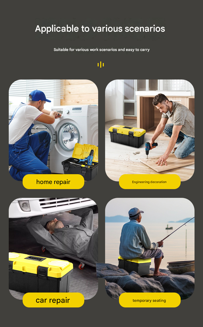 14-inch Yellow and Black Heavy Duty Plastic Toolbox - PP Material with ABS Latches - Lockable, Large Capacity, Double Layer, Organized Storage, for Home Repair, Automotive, Construction, Outdoor Use