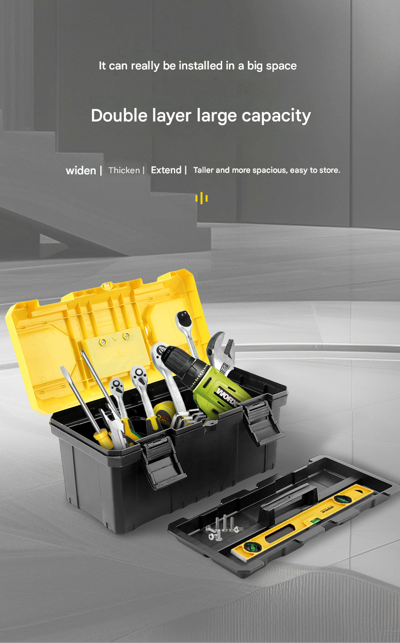 14-inch Yellow and Black Heavy Duty Plastic Toolbox - PP Material with ABS Latches - Lockable, Large Capacity, Double Layer, Organized Storage, for Home Repair, Automotive, Construction, Outdoor Use