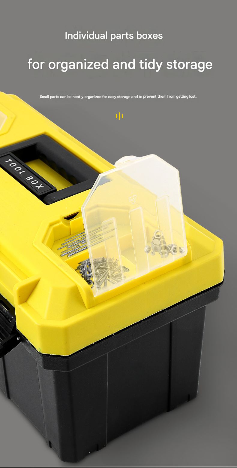 14-inch Yellow and Black Heavy Duty Plastic Toolbox - PP Material with ABS Latches - Lockable, Large Capacity, Double Layer, Organized Storage, for Home Repair, Automotive, Construction, Outdoor Use