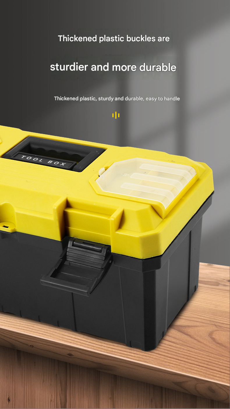 14-inch Yellow and Black Heavy Duty Plastic Toolbox - PP Material with ABS Latches - Lockable, Large Capacity, Double Layer, Organized Storage, for Home Repair, Automotive, Construction, Outdoor Use