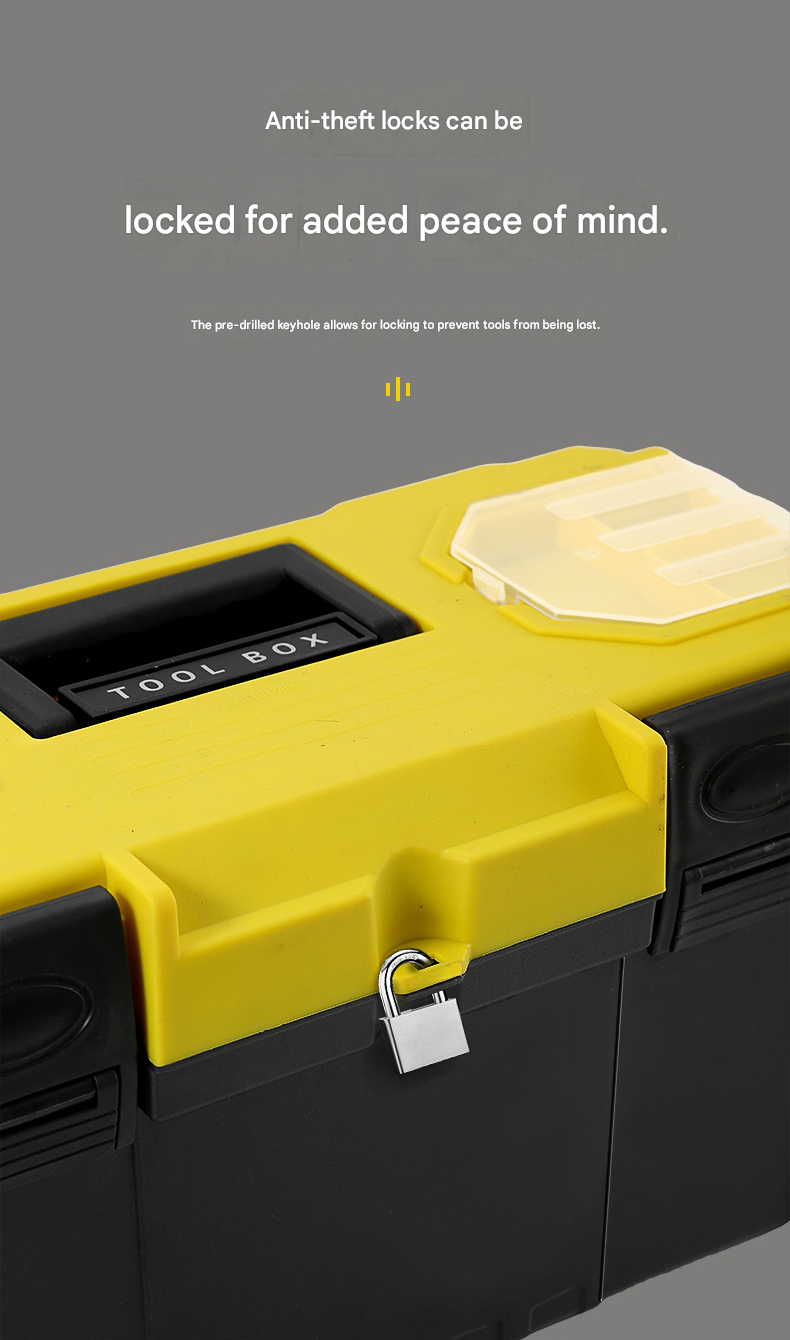 14-inch Yellow and Black Heavy Duty Plastic Toolbox - PP Material with ABS Latches - Lockable, Large Capacity, Double Layer, Organized Storage, for Home Repair, Automotive, Construction, Outdoor Use