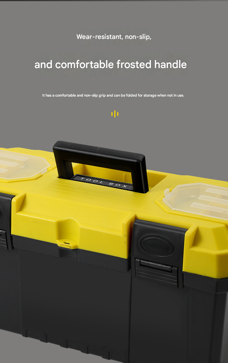 14-inch Yellow and Black Heavy Duty Plastic Toolbox - PP Material with ABS Latches - Lockable, Large Capacity, Double Layer, Organized Storage, for Home Repair, Automotive, Construction, Outdoor Use