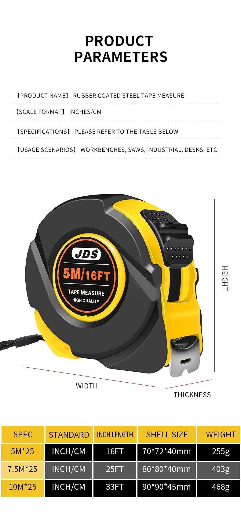 5M Heavy Duty Steel Tape Measure -  Metric & Imperial Dual Scale - High Carbon Steel Blade, Anti-Slip ABS+TPR Casing, Push-Button Lock, Wear-Resistant for Construction & DIY