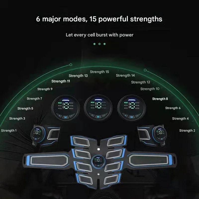 Blue EMS Muscle Stimulator Belt Set - Rechargeable Abdominal Toning Trainer with Multiple Pads and Modes