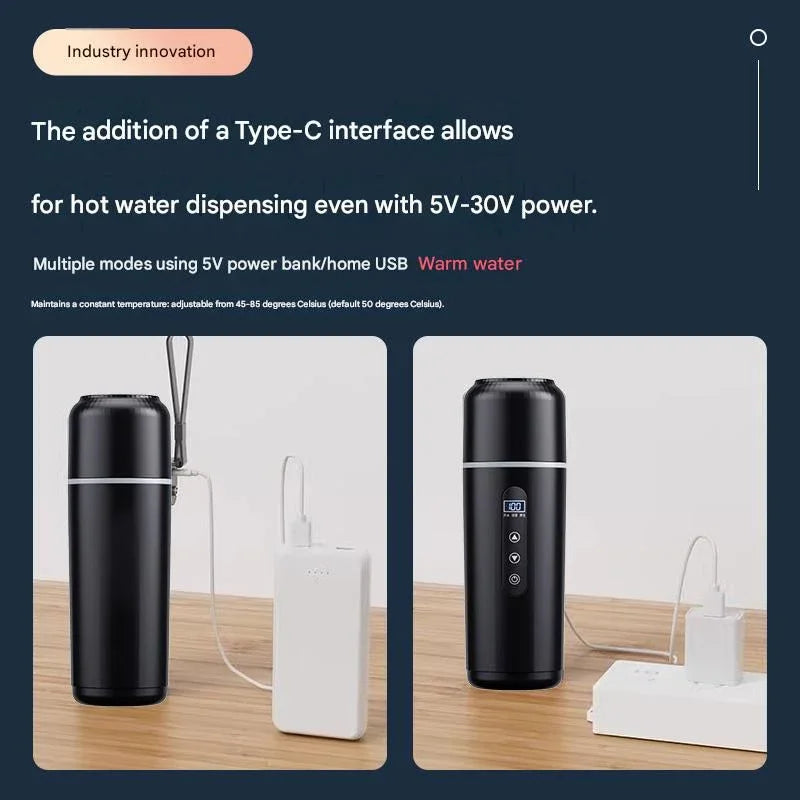 White Portable Car Electric Kettle 12V/24V Universal USB Travel Water Boiler 500ml 316 Stainless Steel Smart Temperature Control