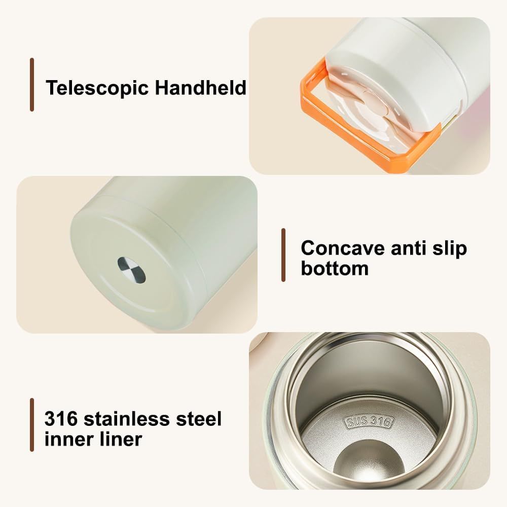 Green 800ml Stainless Steel Thermal Stew Jar Portable Insulated Lunch Pot with Handle – Vacuum Insulated Soup Container(Foldable model)