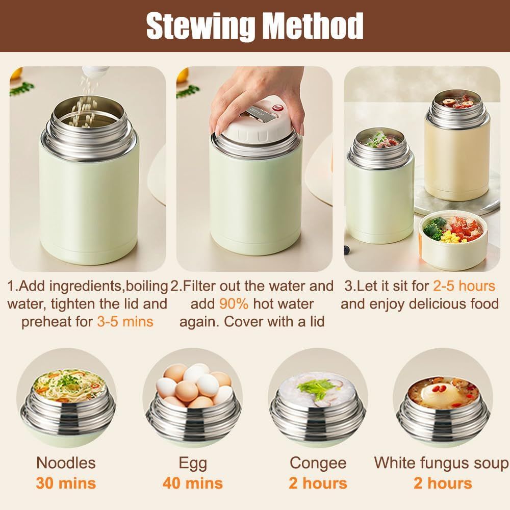 Green 800ml Stainless Steel Thermal Stew Jar Portable Insulated Lunch Pot with Handle – Vacuum Insulated Soup Container(Foldable model)