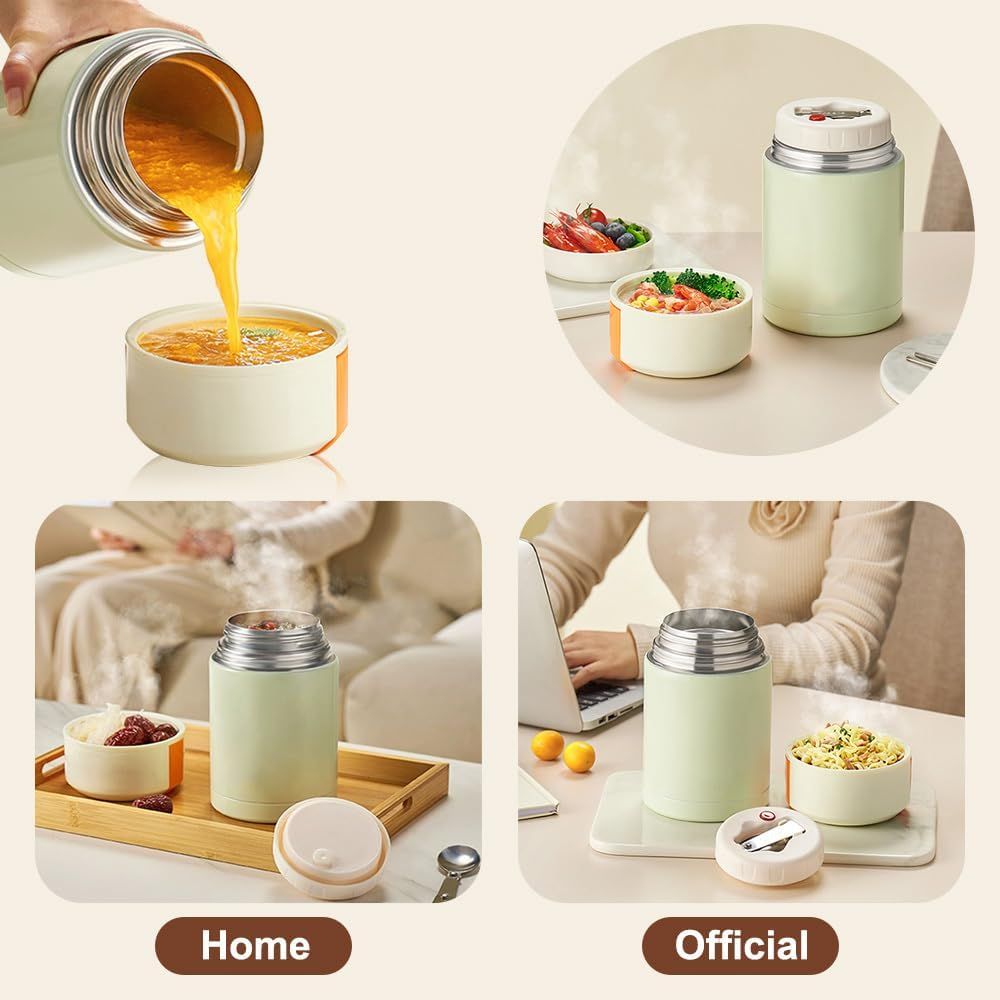 Green 800ml Stainless Steel Thermal Stew Jar Portable Insulated Lunch Pot with Handle – Vacuum Insulated Soup Container(Foldable model)
