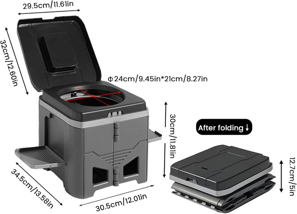 Portable Travel Toilet with Integrated Dual Storage Wings & Odor-Proof Lid – Ergonomic Reusable Foldable Commode with 12.7cm Folding Height for Car Travel & Outdoor Use (Black Grey)