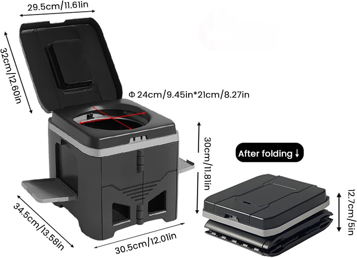 Portable Travel Toilet with Integrated Dual Storage Wings & Odor-Proof Lid – Ergonomic Reusable Foldable Commode with 12.7cm Folding Height for Car Travel & Outdoor Use (Black)