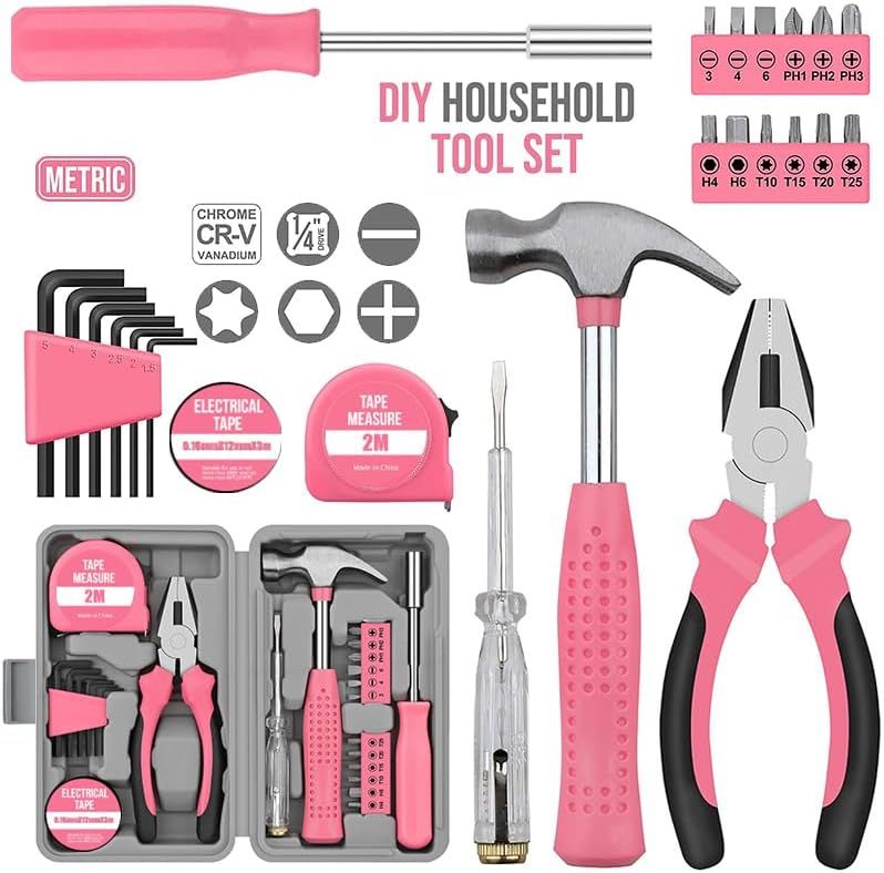 24-Piece Pink Multifunctional Home Tool Kit for Women - Compact Mini Starter Hardware Set with Hammer, Pliers, Screwdrivers - Portable Household Hand Tools for DIY Assembly & Gift Giving