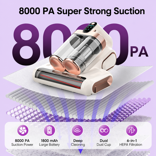 Blue and Gold Wireless UV Mattress Vacuum Cleaner and Handheld Mite Removal Vacuum - Portable Bed Cleaner with 8KPA Strong Suction, Ultrasonic & UV Light Sterilization, 520ML Large Dual Dust Cup, HEPA Filter and LED Display