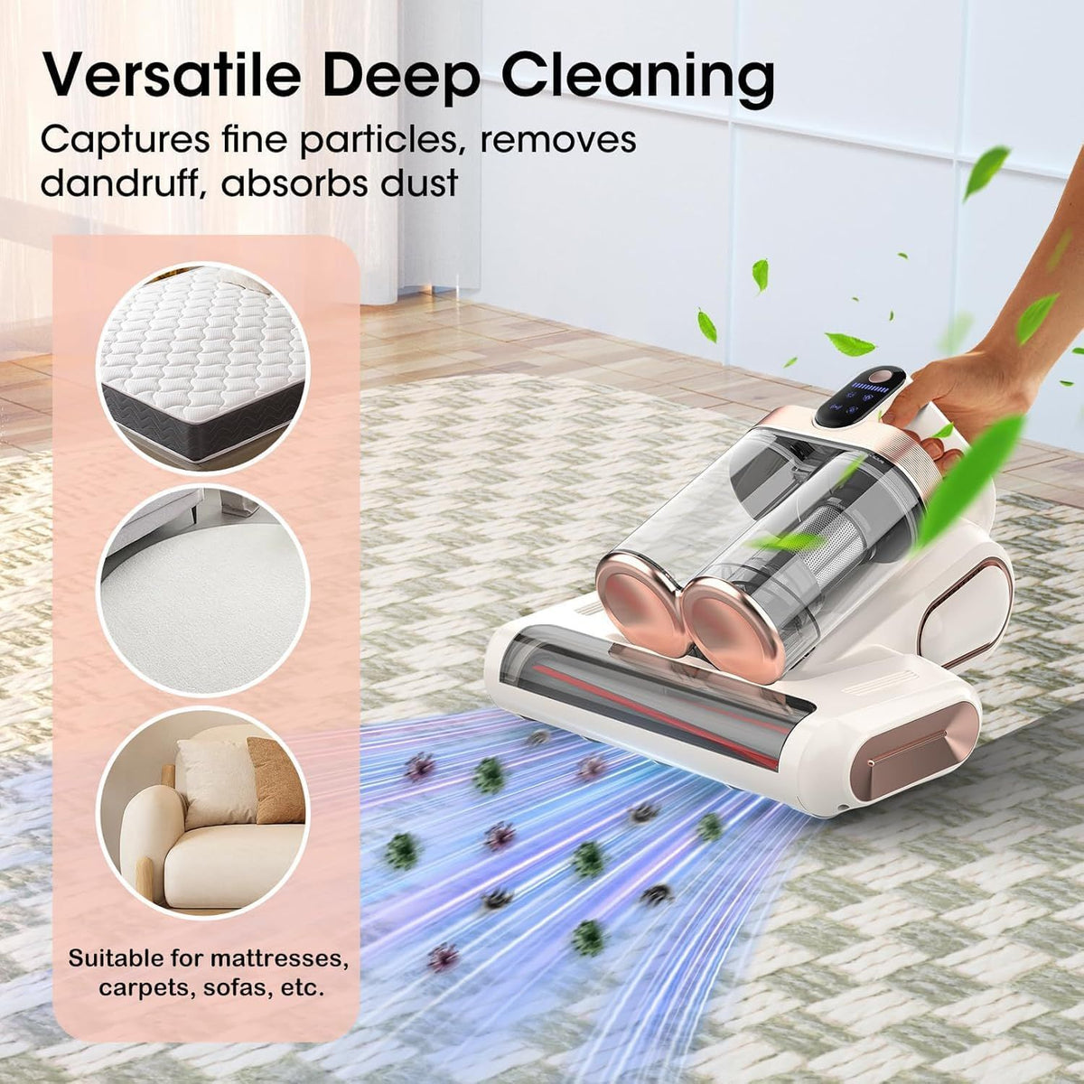 Blue and Gold Wireless UV Mattress Vacuum Cleaner and Handheld Mite Removal Vacuum - Portable Bed Cleaner with 8KPA Strong Suction, Ultrasonic & UV Light Sterilization, 520ML Large Dual Dust Cup, HEPA Filter and LED Display