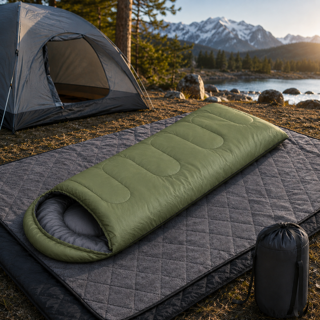 2-in-1 Winter Camping Kit Green Sleeping Bag & Waterproof Fleece Blanket