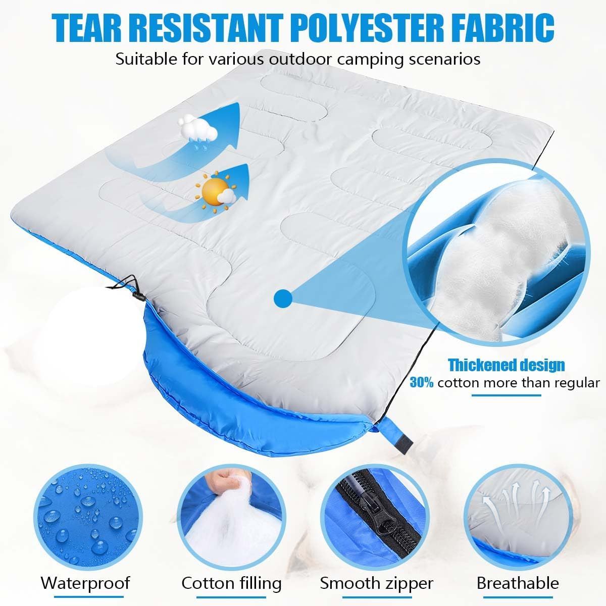 2-in-1 Winter Camping Warmth Kit with Carry Bag:  210 * 75cm Beige Portable Waterproof Warm Sleeping Bag and 200 * 140cm Large Black Double Layer Waterproof Fleece Camping Blanket for Hiking Travel Indoor Outdoor Use