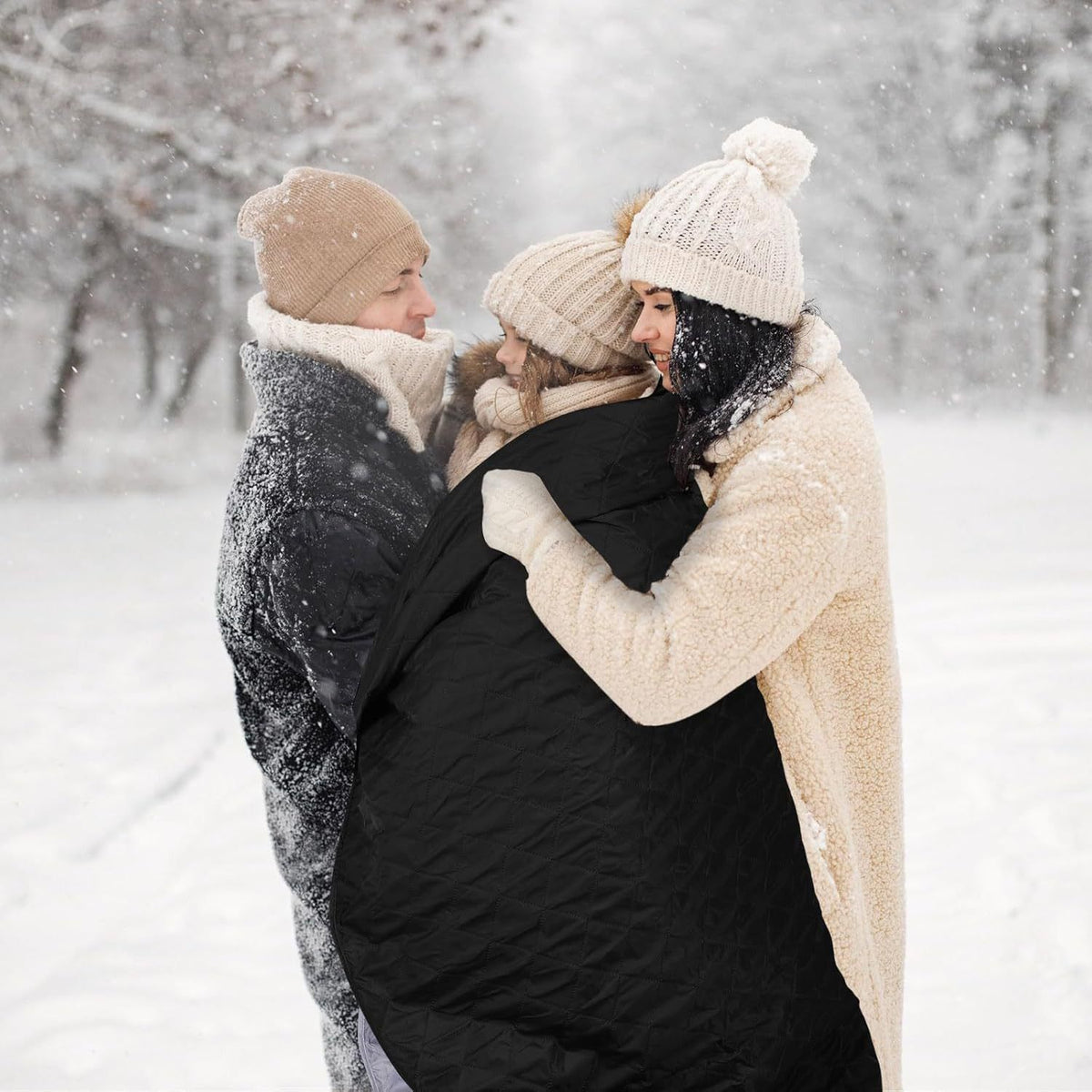 2-in-1 Winter Camping Warmth Kit with Carry Bag:  210 * 75cm Beige Portable Waterproof Warm Sleeping Bag and 200 * 140cm Large Black Double Layer Waterproof Fleece Camping Blanket for Hiking Travel Indoor Outdoor Use