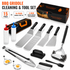 15-Piece Stainless Steel BBQ Griddle Tools and 3-Row Grill Cleaning Wire Brush Set, Portable Outdoor Barbecue Accessories Kit with 4 Spatulas, Tongs, Scraper, Heart / Round Egg Rings, 2 Oil Bottles and Storage Bag