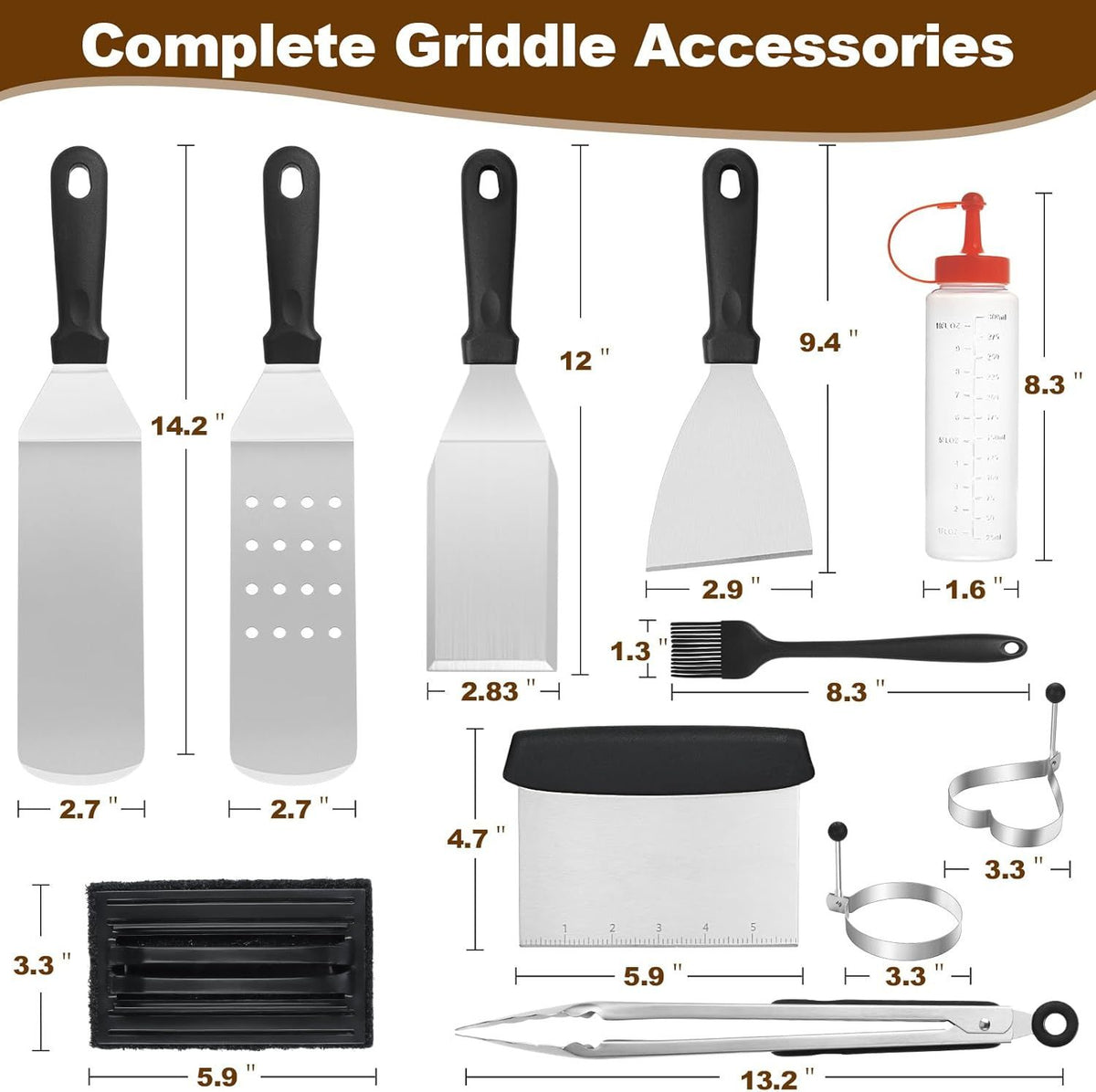 15-Piece Stainless Steel BBQ Griddle Tools and 3-Row Grill Cleaning Wire Brush Set, Portable Outdoor Barbecue Accessories Kit with 4 Spatulas, Tongs, Scraper, Heart / Round Egg Rings, 2 Oil Bottles and Storage Bag