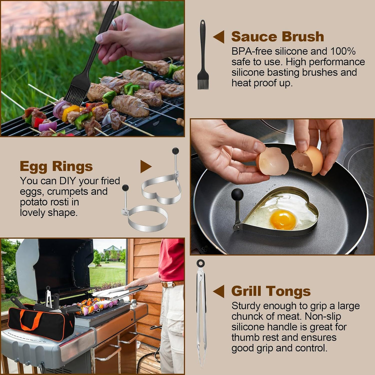 15-Piece Stainless Steel BBQ Griddle Tools and 3-Row Grill Cleaning Wire Brush Set, Portable Outdoor Barbecue Accessories Kit with 4 Spatulas, Tongs, Scraper, Heart / Round Egg Rings, 2 Oil Bottles and Storage Bag