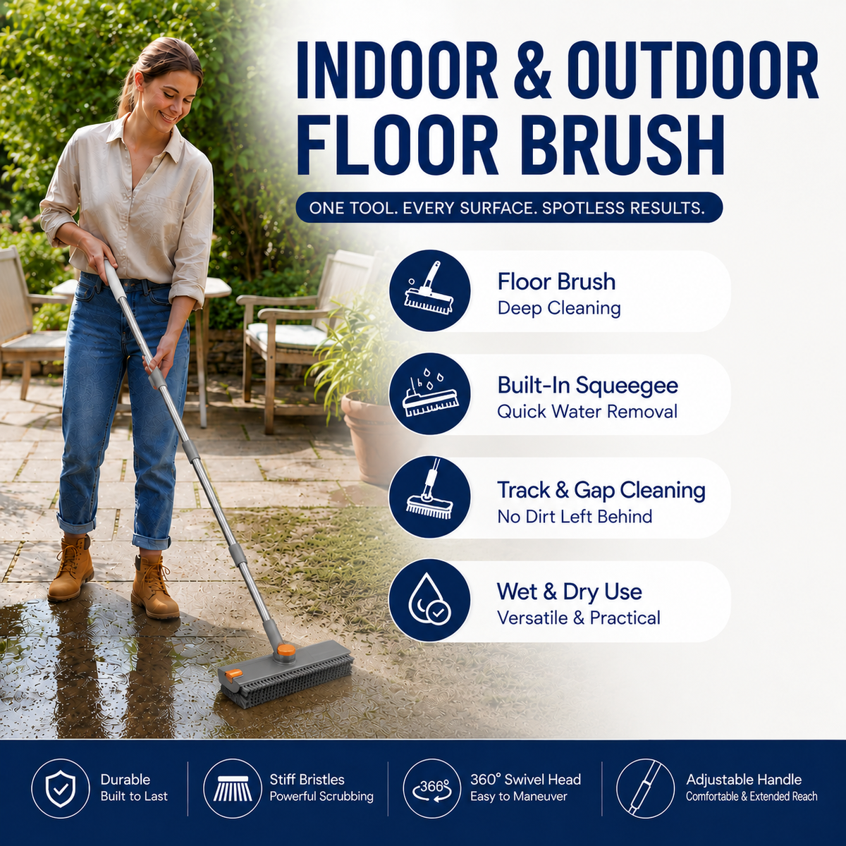 Grey and Orange 360°Rotating Detachable V-Shaped Floor Scrub Brush for Indoor & Outdoor Use – 3-in-1 Groove Corner Gap Cleaning Tool with Silicone Squeegee, 134CM Stainless Steel Telescopic Handle and Collection Clip