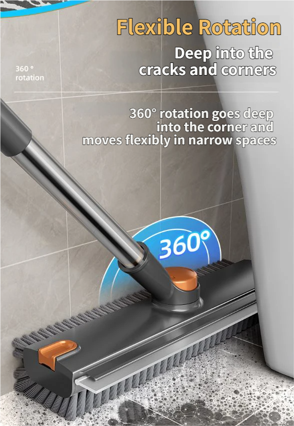 Grey and White 360°Rotating Detachable V-Shaped Floor Scrub Brush for Indoor & Outdoor Use – 3-in-1 Groove Corner Gap Cleaning Tool with Silicone Squeegee, 134CM Stainless Steel Telescopic Handle and Collection Clip