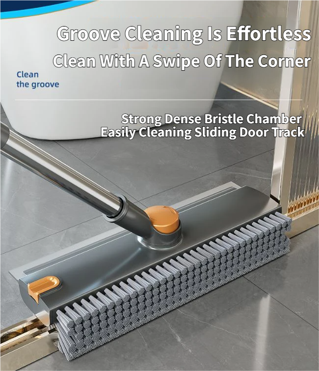 Grey and White 360°Rotating Detachable V-Shaped Floor Scrub Brush for Indoor & Outdoor Use – 3-in-1 Groove Corner Gap Cleaning Tool with Silicone Squeegee, 134CM Stainless Steel Telescopic Handle and Collection Clip