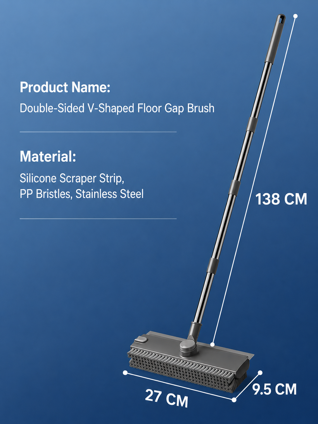 Grey and White 360°Rotating Detachable V-Shaped Floor Scrub Brush for Indoor & Outdoor Use – 3-in-1 Groove Corner Gap Cleaning Tool with Silicone Squeegee, 134CM Stainless Steel Telescopic Handle and Collection Clip