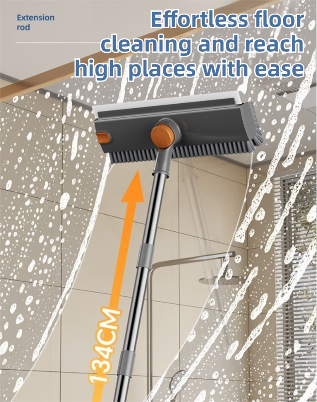 2-Piece Deep Cleaning Floor Brush and Mini Detail Gap Brush Set for Large Surfaces & Tight Gaps – Grey White Heavy Duty 360° Rotating V-Shaped Floor Scrubber with Silicone Squeegee and 134CM Telescopic Handle for Outdoor & Indoor Use