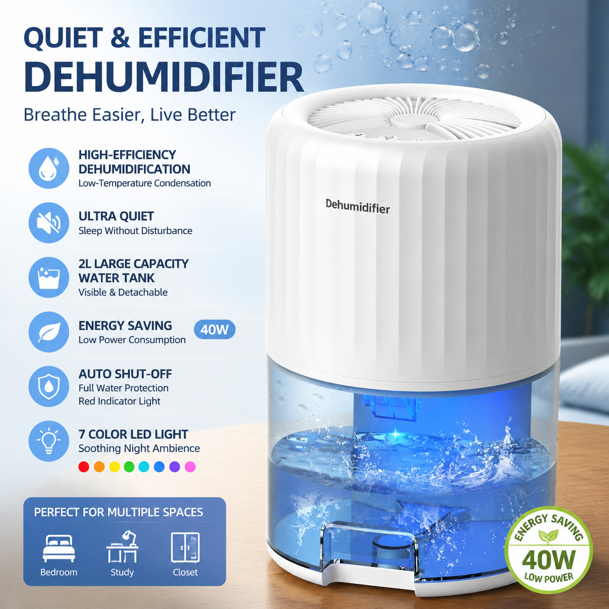 White Portable Home Quiet Mini Dehumidifier - 2L Large Visible Water Tank, 7-Color Sleep Aid Night Light, Air Purification, Auto Shut-Off and 40W Low Power for Bedroom Studies and Closet (5–70m²)