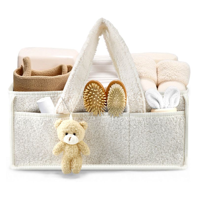 White Large Capacity Plush Baby Diaper Caddy Storage Tote, Foldable Nursery Organizer Bag and Mommy Handbag with Muti Pockets, 4 Adjustable Dividers and Teddy Charm for Travel & Home Use (15.3 x 10.6 x 7