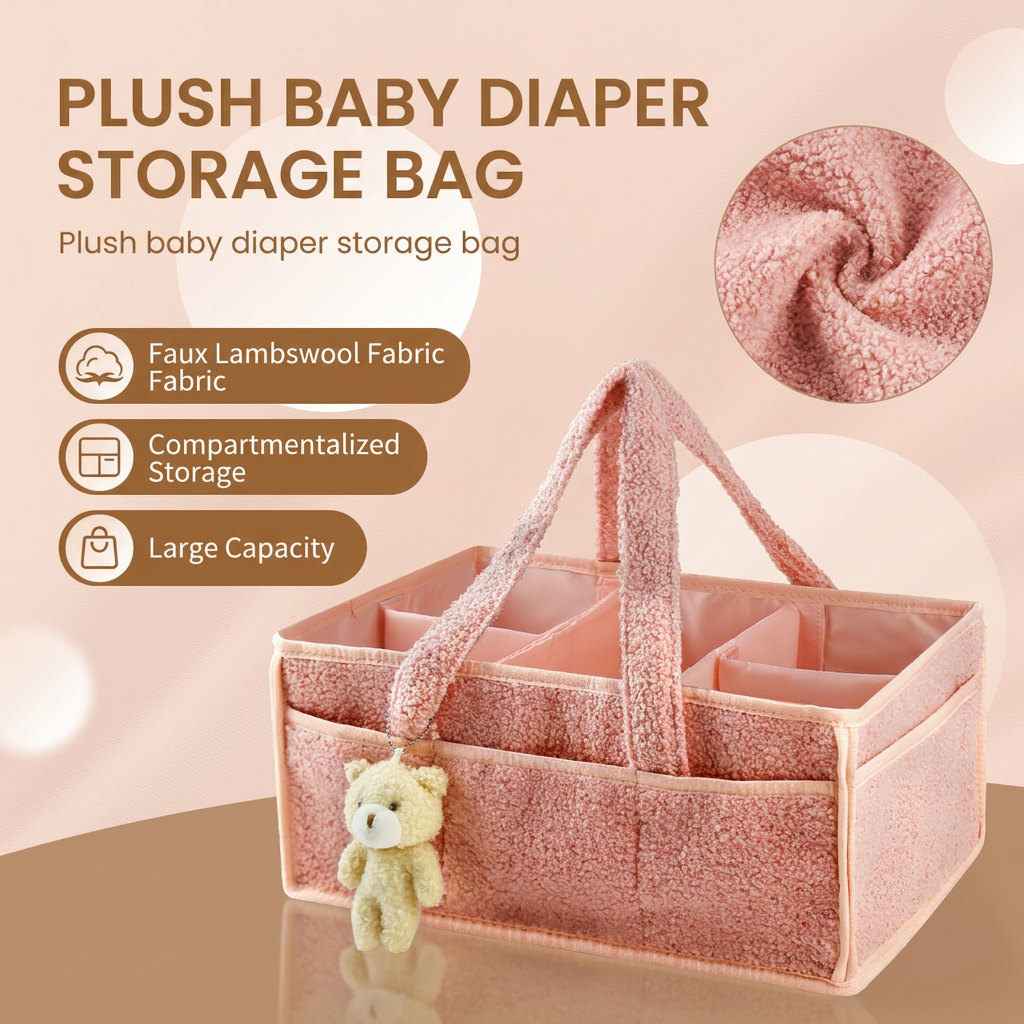 White Large Capacity Plush Baby Diaper Caddy Storage Tote, Foldable Nursery Organizer Bag and Mommy Handbag with Muti Pockets, 4 Adjustable Dividers and Teddy Charm for Travel & Home Use (15.3 x 10.6 x 7