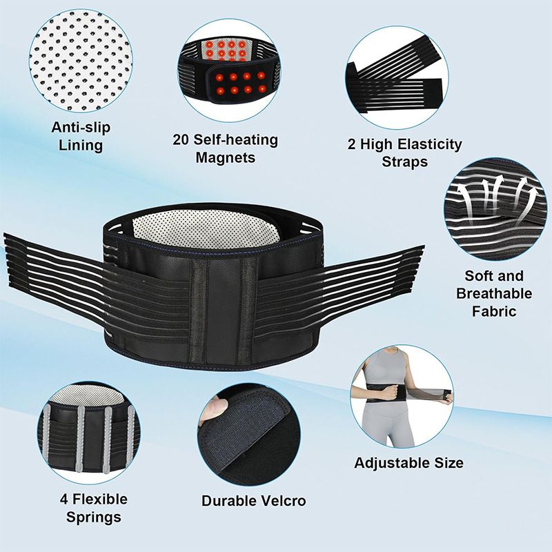 Self Heating Magnetic Therapy Back & Abdomen Compression Brace with 2 Adjustable Elasticity Straps– Breathable Posture Corrector and Lumbar Support Belt for Back Pain Relief, Black L Size