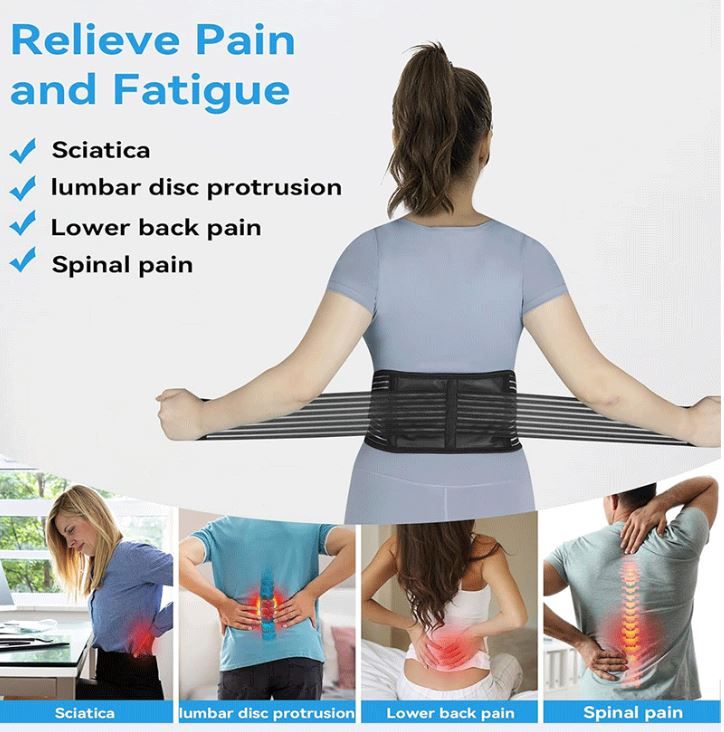 Self Heating Magnetic Therapy Back & Abdomen Compression Brace with 2 Adjustable Elasticity Straps– Breathable Posture Corrector and Lumbar Support Belt for Back Pain Relief, Black L Size