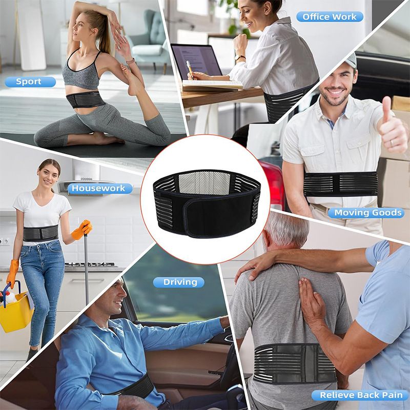 Self Heating Magnetic Therapy Back & Abdomen Compression Brace with 2 Adjustable Elasticity Straps– Breathable Posture Corrector and Lumbar Support Belt for Back Pain Relief, Black L Size