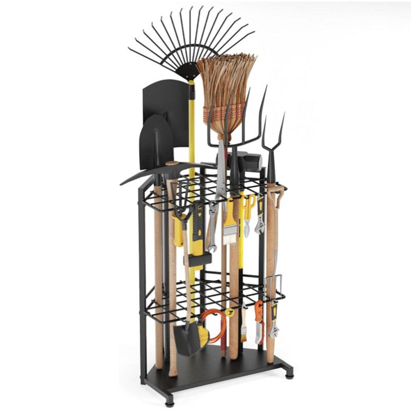 Mutifunctional Garden Tool Rack for Corner with Space Saving Triangular Design & Dual-Layer Grid Shelving – Heavy Duty Metal Storage Stand for Garages Balconies and Patios (28 x 16.7 x 13