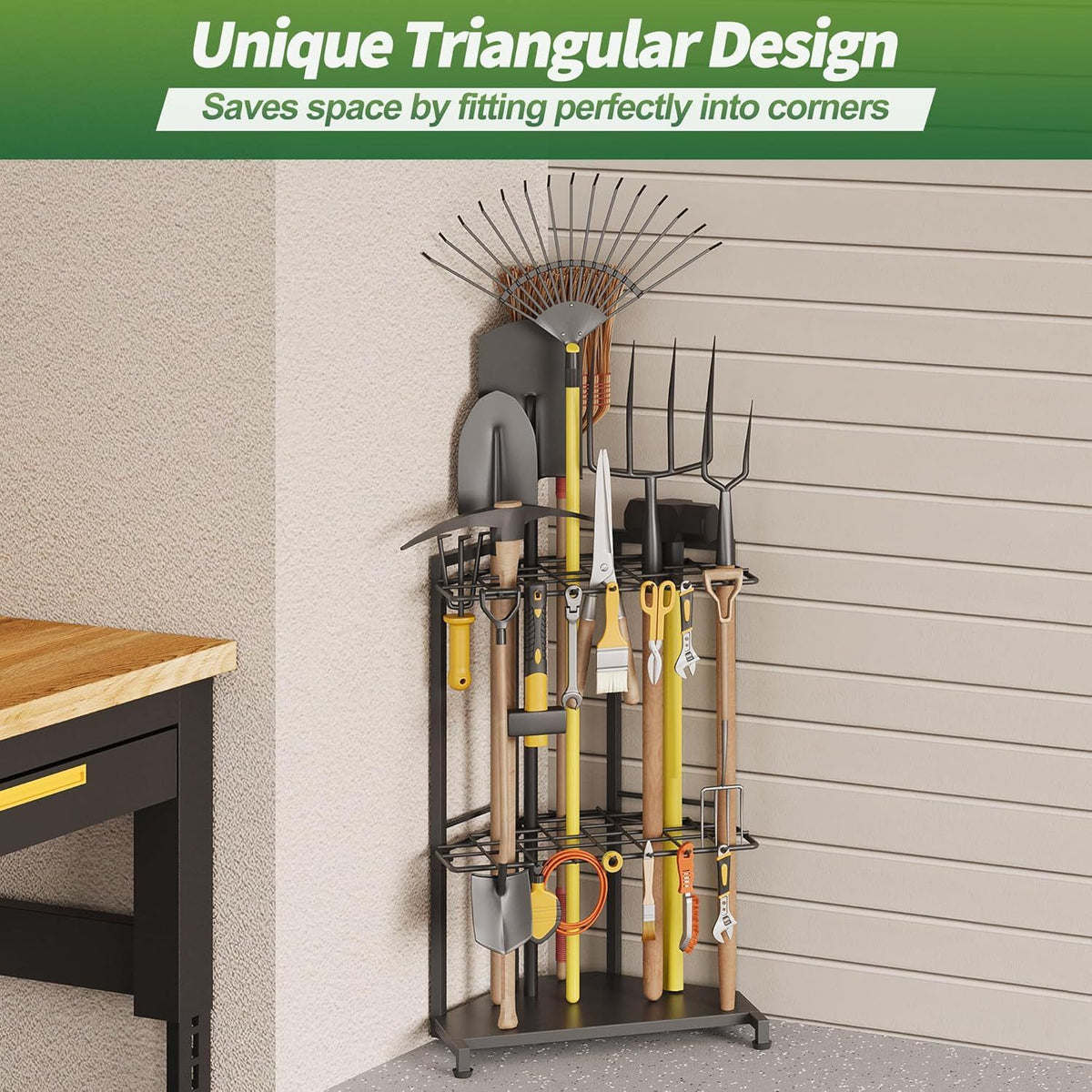 Mutifunctional Garden Tool Rack for Corner with Space Saving Triangular Design & Dual-Layer Grid Shelving – Heavy Duty Metal Storage Stand for Garages Balconies and Patios (28 x 16.7 x 13