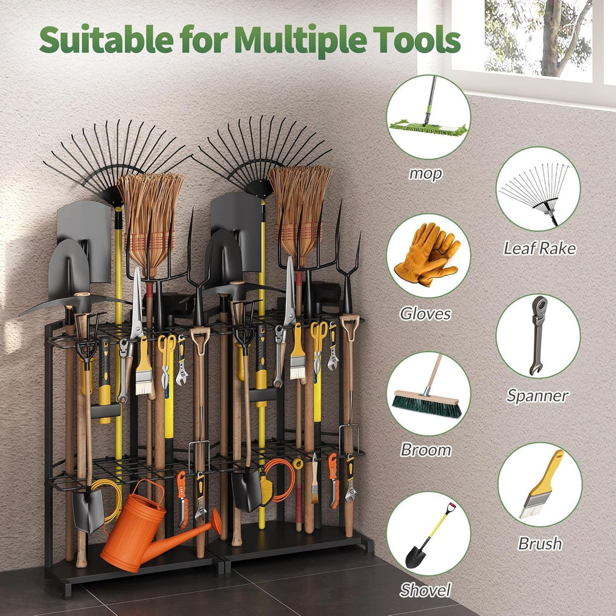 Mutifunctional Garden Tool Rack for Corner with Space Saving Triangular Design & Dual-Layer Grid Shelving – Heavy Duty Metal Storage Stand for Garages Balconies and Patios (28 x 16.7 x 13