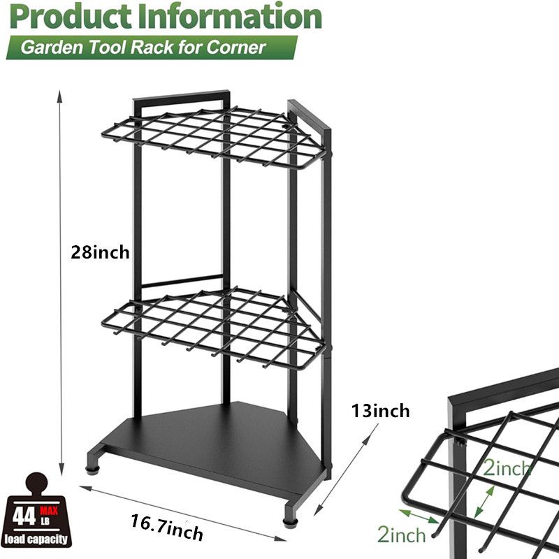 Mutifunctional Garden Tool Rack for Corner with Space Saving Triangular Design & Dual-Layer Grid Shelving – Heavy Duty Metal Storage Stand for Garages Balconies and Patios (28 x 16.7 x 13